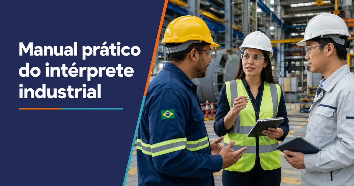 Manual do intérprete industrial com profissional facilitando a comunicação em uma fábrica