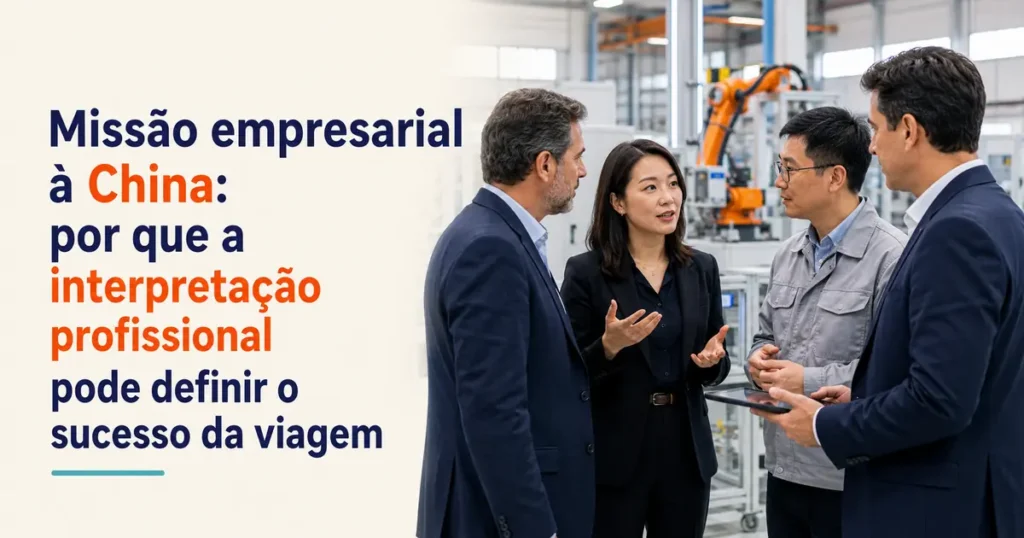 Missão empresarial à China: por que a interpretação profissional pode definir o sucesso da viagem — intérprete de chinês para negócios em reunião técnica.